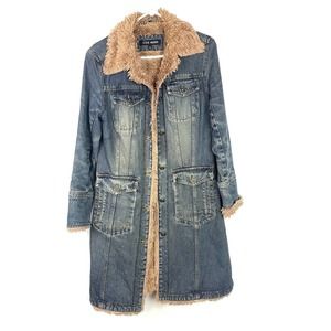 Steve Madden Vintage Y2K Style Denim Faux Fur Long Coat Size Medium